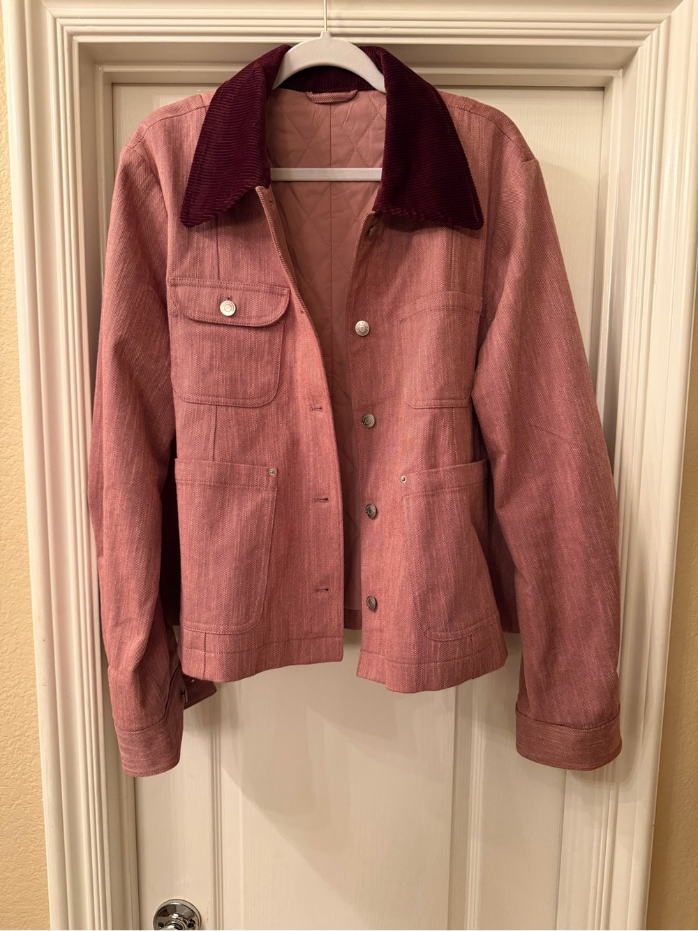 & Other Stories Pink Utility Jacket with Burgundy Corduroy Collar